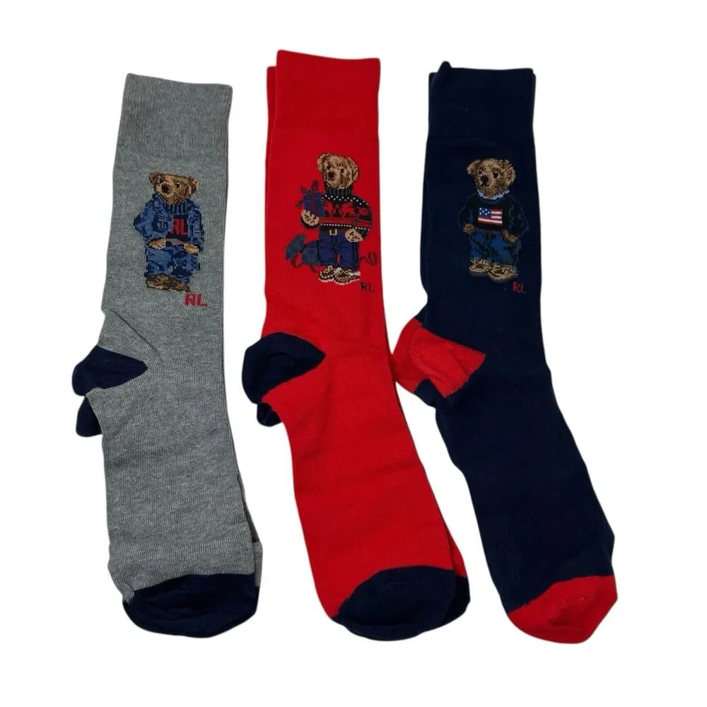 Polo Ralph Lauren Bear Crew Socks Mens 10-13 Cotton Gift Box 3 Pack‎ Red Gray